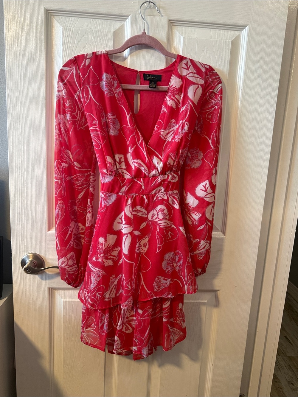 Japna Red Floral Long-Sleeve V-Neck Tiered Dress